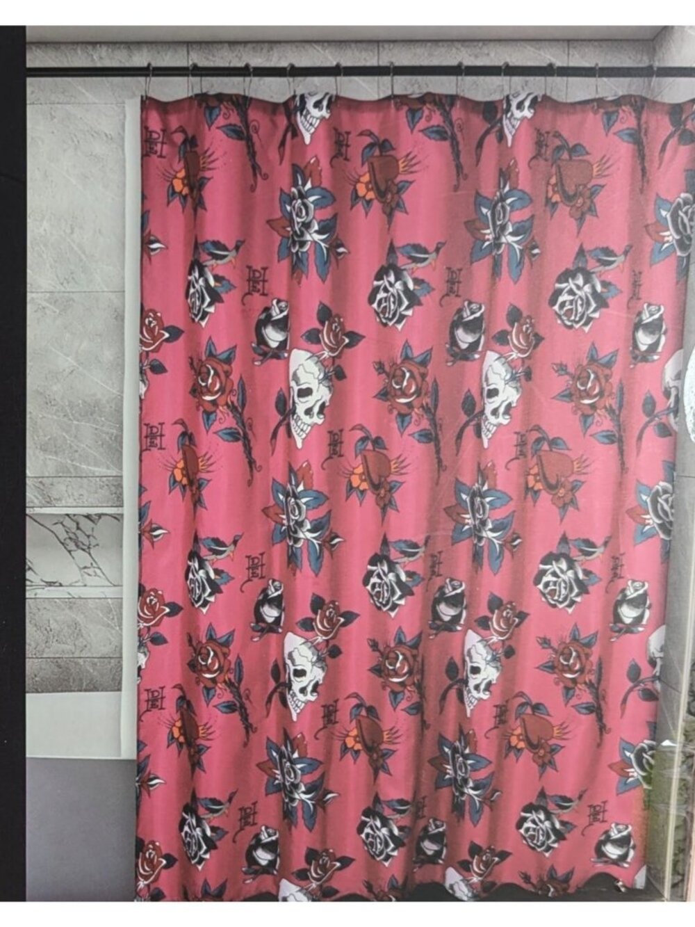 Ed Hardy 14-Piece Bath Set Shower Curtain w PEVA Liner Hooks Skull Rose Pink